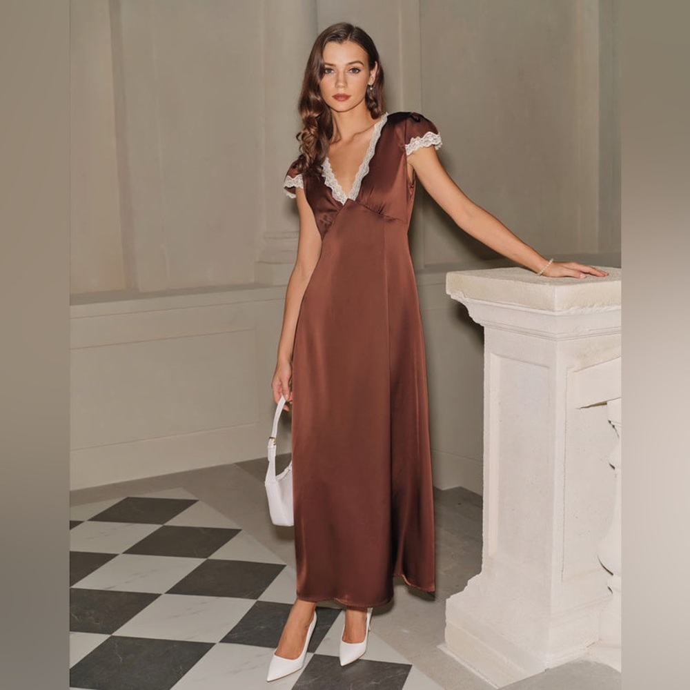 Brown Satin V Neck Lace Maxi Dress
